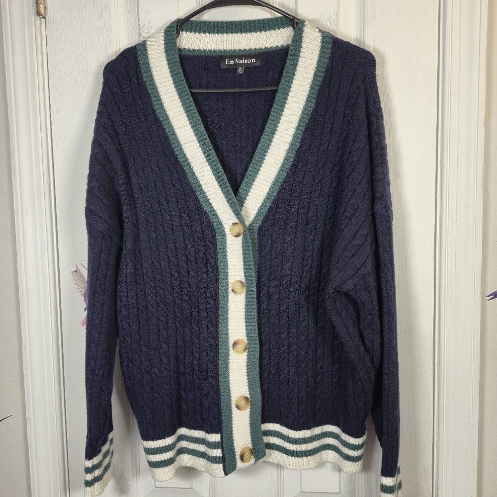 En Saison Spencer Navy Cable Knit Varsity Cardigan Preppy Academia Sweater M